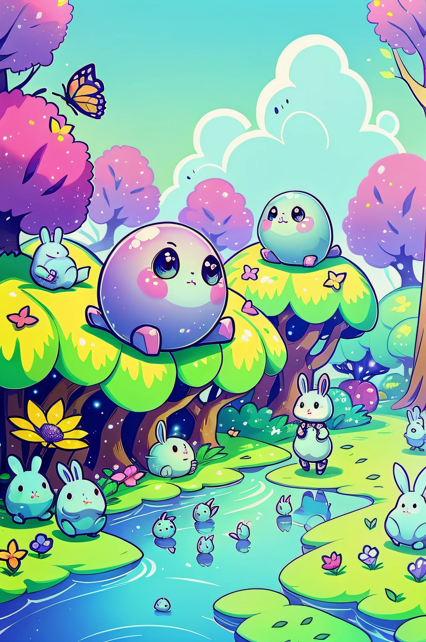 Cute little slime monsters walking happily in the magic city, trees with lots of leaves, Flowers, Blue sky, Cute rabbits follow little monsters in charming forest, butterflys, candy store