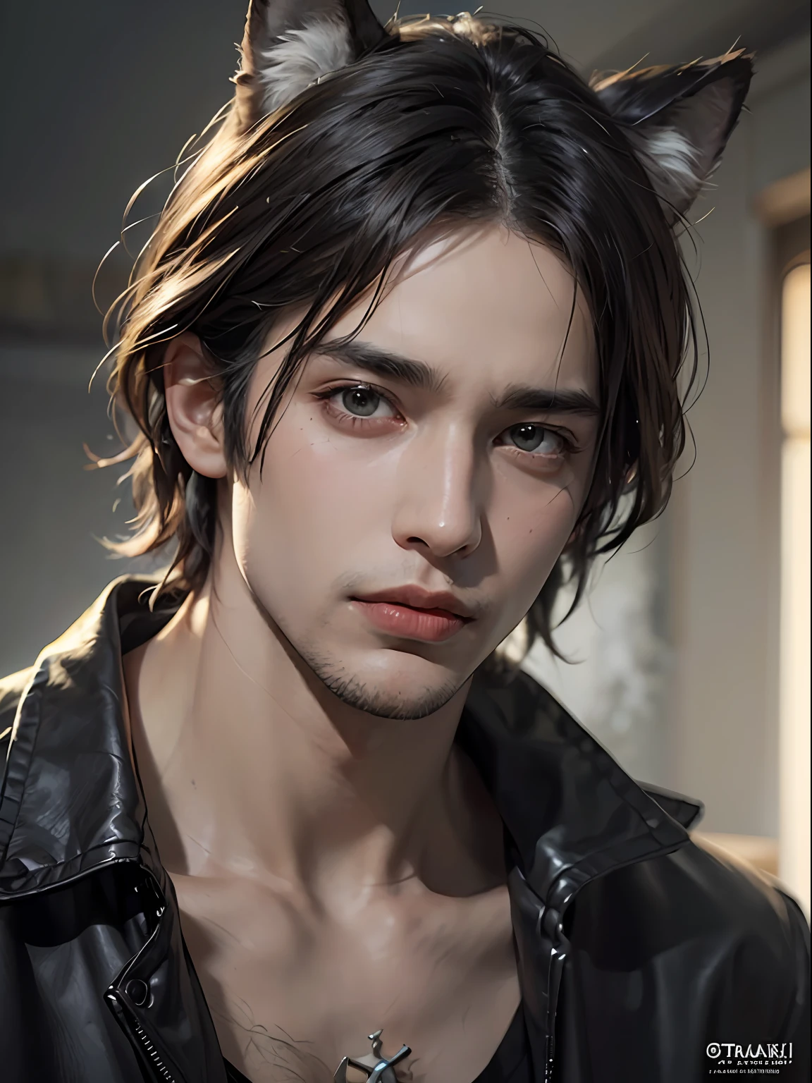 1man, stern and handsome young man with fluffy wolf ears, solo focus, adult, young adult face, short black hair, black shirt, at home, realistic, dynamic pose realistic, detailed and correct facial structure, LEON S. KENNEDY, handsome, attractive, slightly muscular, cinematic lighting, unreal engine, trending on ArtStation, intricate details,  masterpiece, best quality, by Irakli Nadar, Greg Rutkowski，(((best quality))),(((ultra detailed))),(((masterpiece)))