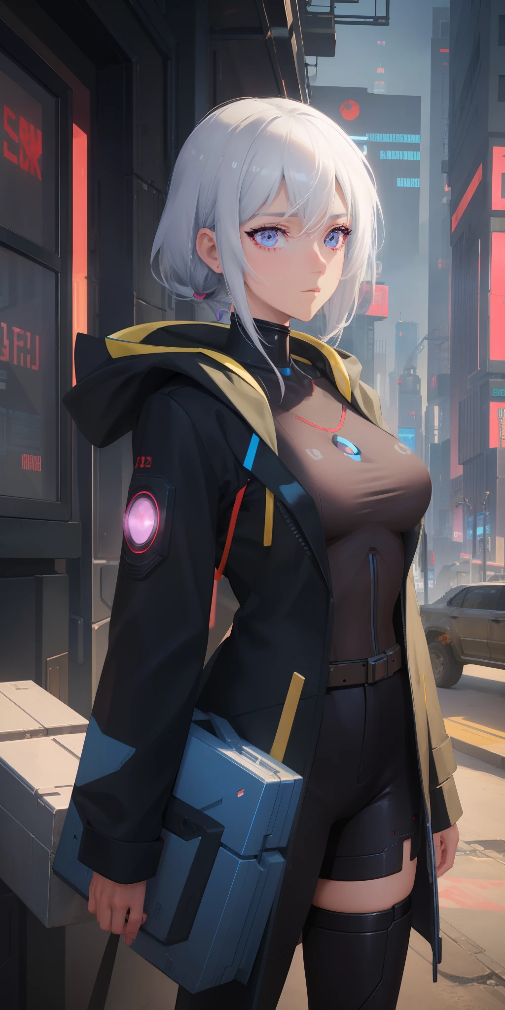 dreamy, (masterpiece), best quality, 1girl, amazing, beautiful detailed eyes, fine details, depth of field, extremely detailed CG, cyborg, cyberpunk, white hair, white eyes, Full body