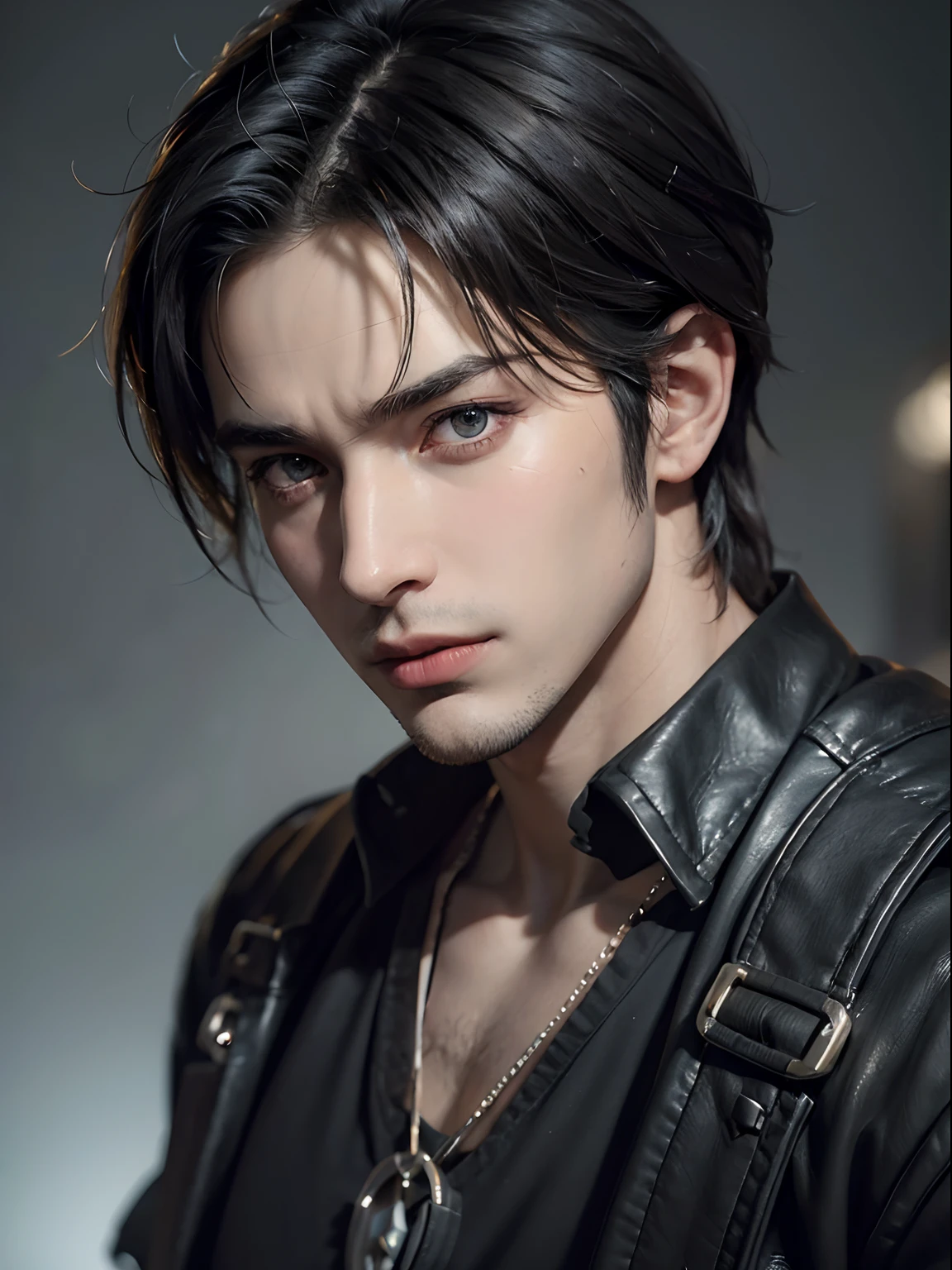 1man, stern and handsome young man with fluffy wolf ears, solo focus, adult, young adult face, short black hair, black shirt, at home, realistic, dynamic pose realistic, detailed and correct facial structure, LEON S. KENNEDY, handsome, attractive, slightly muscular, cinematic lighting, unreal engine, trending on ArtStation, intricate details,  masterpiece, best quality, by Irakli Nadar, Greg Rutkowski，(((best quality))),(((ultra detailed))),(((masterpiece)))