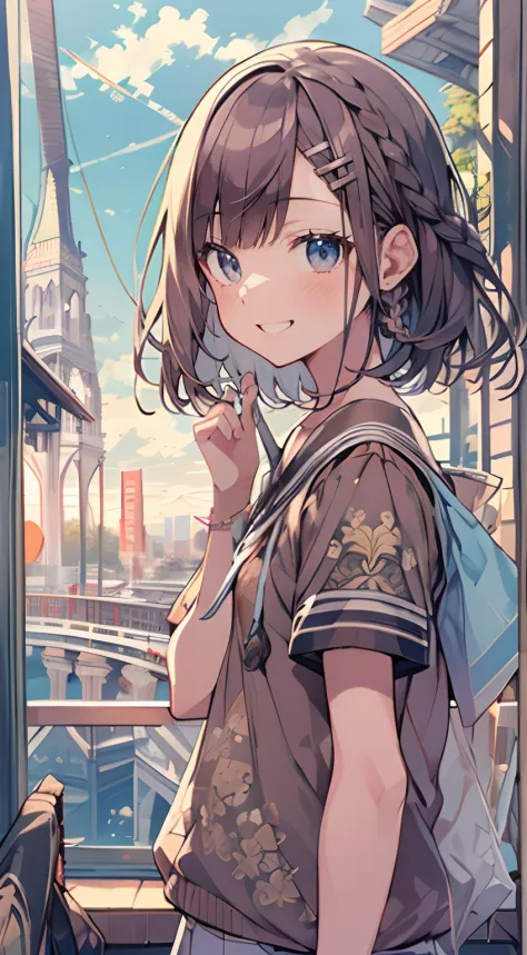 masutepiece, Best Quality,Illustration, Wallpaper, Ultra Detail, Absurd beauty, 1beautiful girl、(Medium short hair、short braided hair), Beautiful ultra-detailed eyes 、student clothes、A refreshing smile、Smaller head、(a panoramic view:1.5)