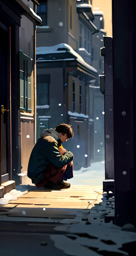 There was a man sitting on the sidewalk in the snow, Guviz-style artwork, Makoto Shinkai Cyril Rolando, cyril rolando and goro f...