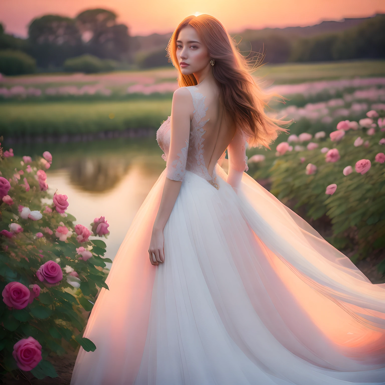 Una mujer increíblemente hermosa se encuentra en medio de un jardín de rosas en flor., luciendo un impresionante vestido hecho enteramente de delicadas flores. Su largo cabello cae en cascada sobre su espalda en suaves ondas., enmarcando su rostro angelical y añadiendo a su apariencia etérea. Las rosas de su vestido están perfectamente dispuestas., creando un efecto degradado que combina con los tonos suaves del cielo del atardecer en el fondo. La expresión serena y la postura elegante de la mujer exudan una sensación de calma y serenidad., como si ella fuera una con la naturaleza. El ambiente es mágico y encantador., con una cualidad onírica que transporta al espectador a un mundo de maravillas y belleza.. La iluminación es cálida y suave., proyectando un suave brillo sobre la escena y resaltando la tez perfecta de la mujer y los intrincados detalles de su vestido.. El efecto general es de puro encanto y belleza etérea., dejando al espectador cautivado por la magnificencia de la escena.