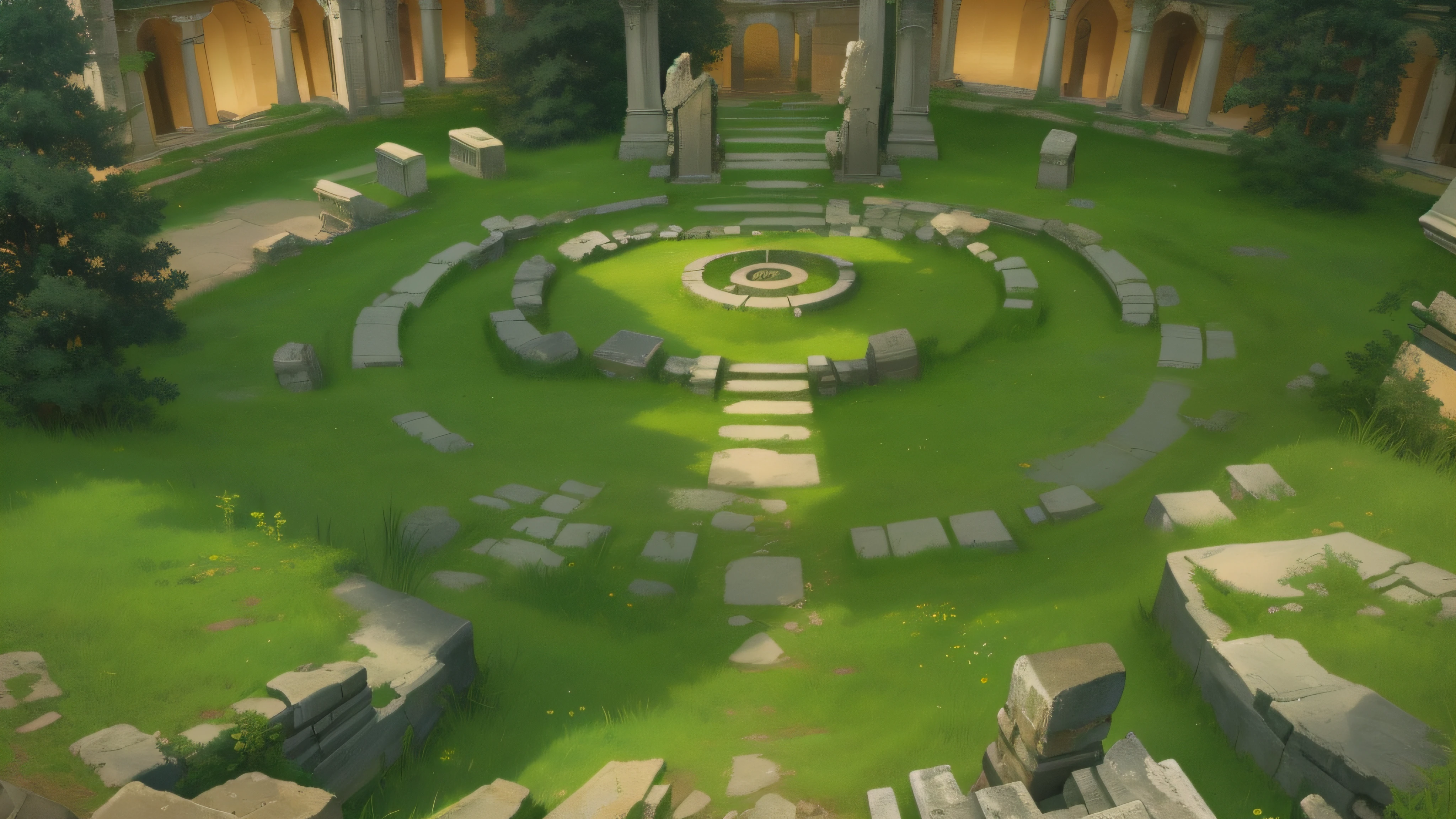 There is a green space，There are rocks and gates in the middle, ancient ruins background, background is the ruins, ancient overgrown! 废墟, odin's stone arena background, Ruins of Fay, battle map prop, ingame image, city ruins background, Ancient ruins in the back, Temple ruins, ancient city ruins, arena background, game assets, 废墟, ruins landscape, Ancient ruins