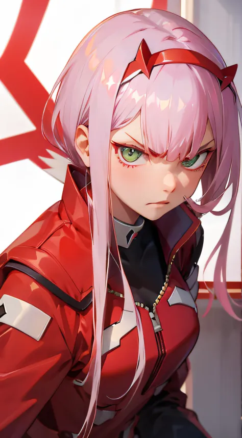 zero two from Darling in the Franxx, angry pose, head shot