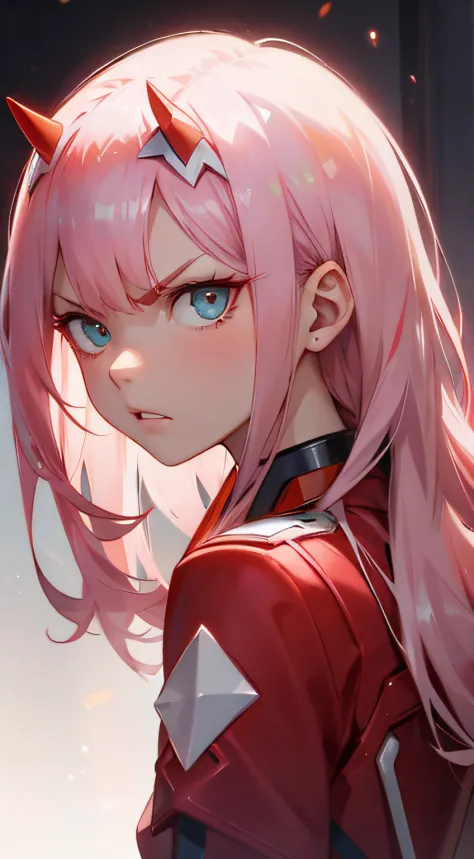 zero two from Darling in the Franxx, angry pose, head shot