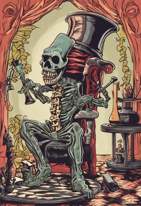 (Grim_Reaper in), (Skeleton_Monster), sits at a table, Play chess, Thinking, Confident demeanor, Masterpiece, Top quality, Best quality, High quality, Ultra-detailed, Saxophone and guitar in the background, Vibrant colors, Solo, Extremely detailed