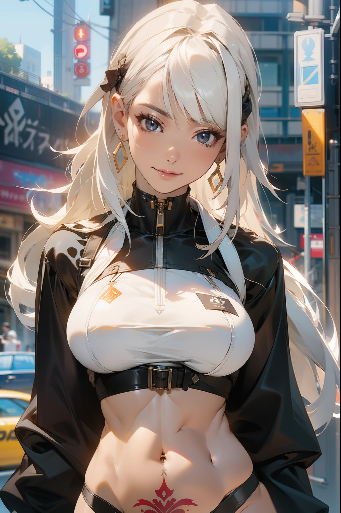 Photorealistic, high resolution, 1womanl, Solo, Hips up, view the viewer, (Detailed face), White hair, Long hair, Street attire, jewelry, Belly tattoo