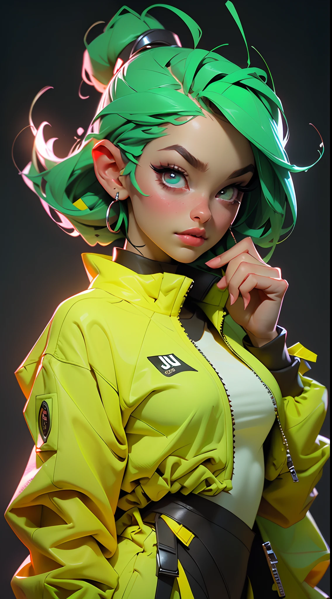 ((best qualityer)), ((​masterpiece)), ((realisitic)) and ultra-detailed photography of a cute nerdy girl with neon headphones, She has large ((pink  hair)), He wears a jacket of orange technical clothing and exudes an atmosphere ((Beautiful and Aesthetic)) (breasts big), (erect, sexly, very beautiful eyes, circunstanciado, eyes glowing green.