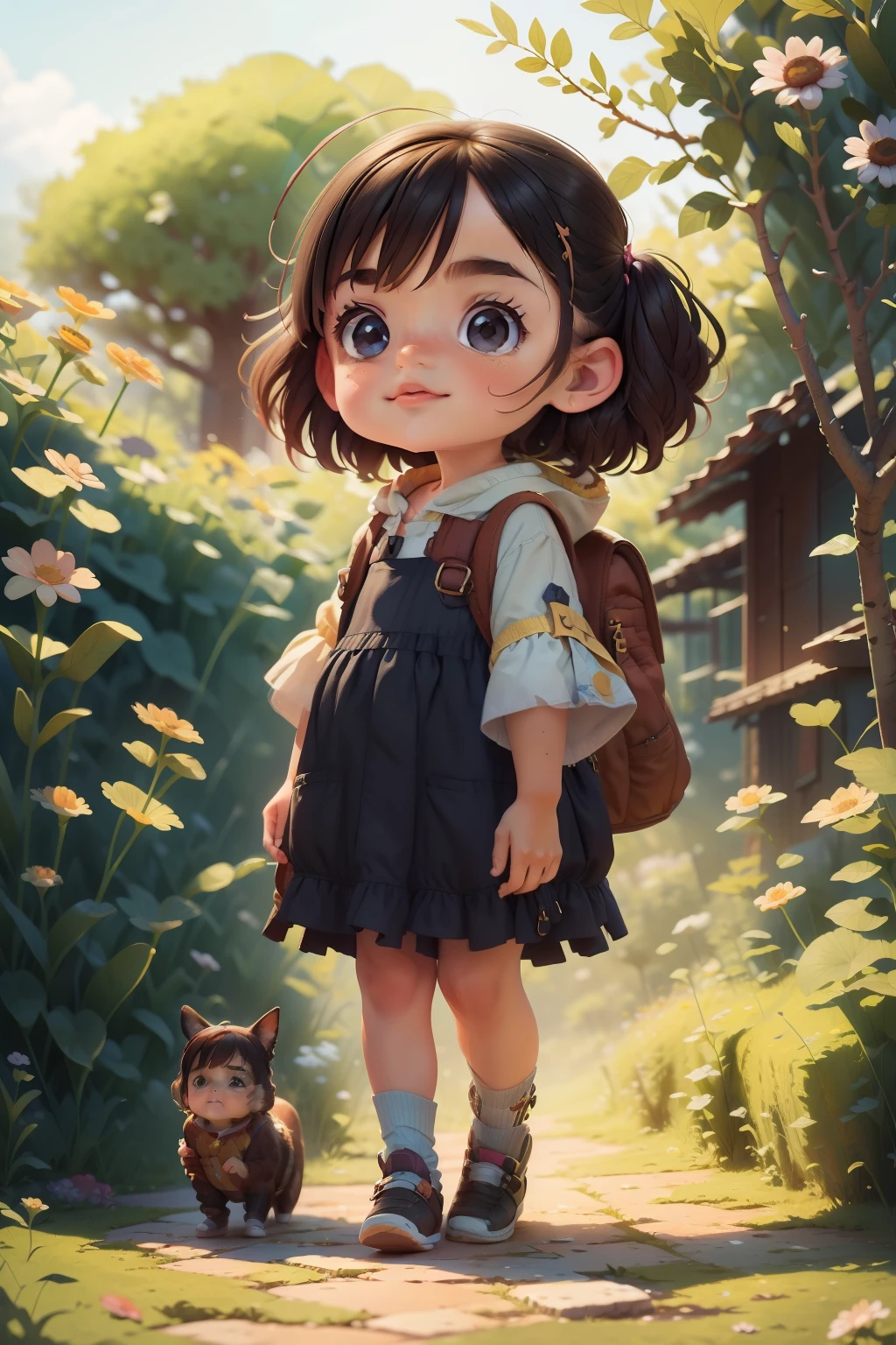 Une très charmante fille avec un sac à dos et son mignon petit chien profitant d&#39;une jolie excursion printanière entourée de belles fleurs jaunes et de la nature. L&#39;illustration est une illustration haute définition en résolution 4K avec des traits du visage très détaillés et des visuels de style dessin animé.