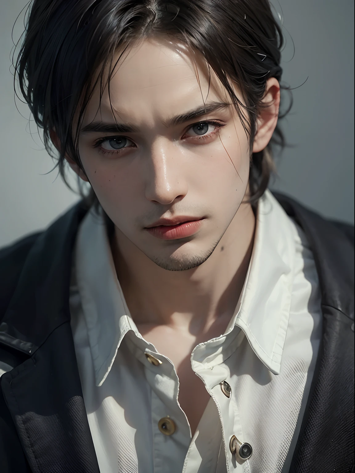 A close up of a man with a jacket and a white shirt - SeaArt AI