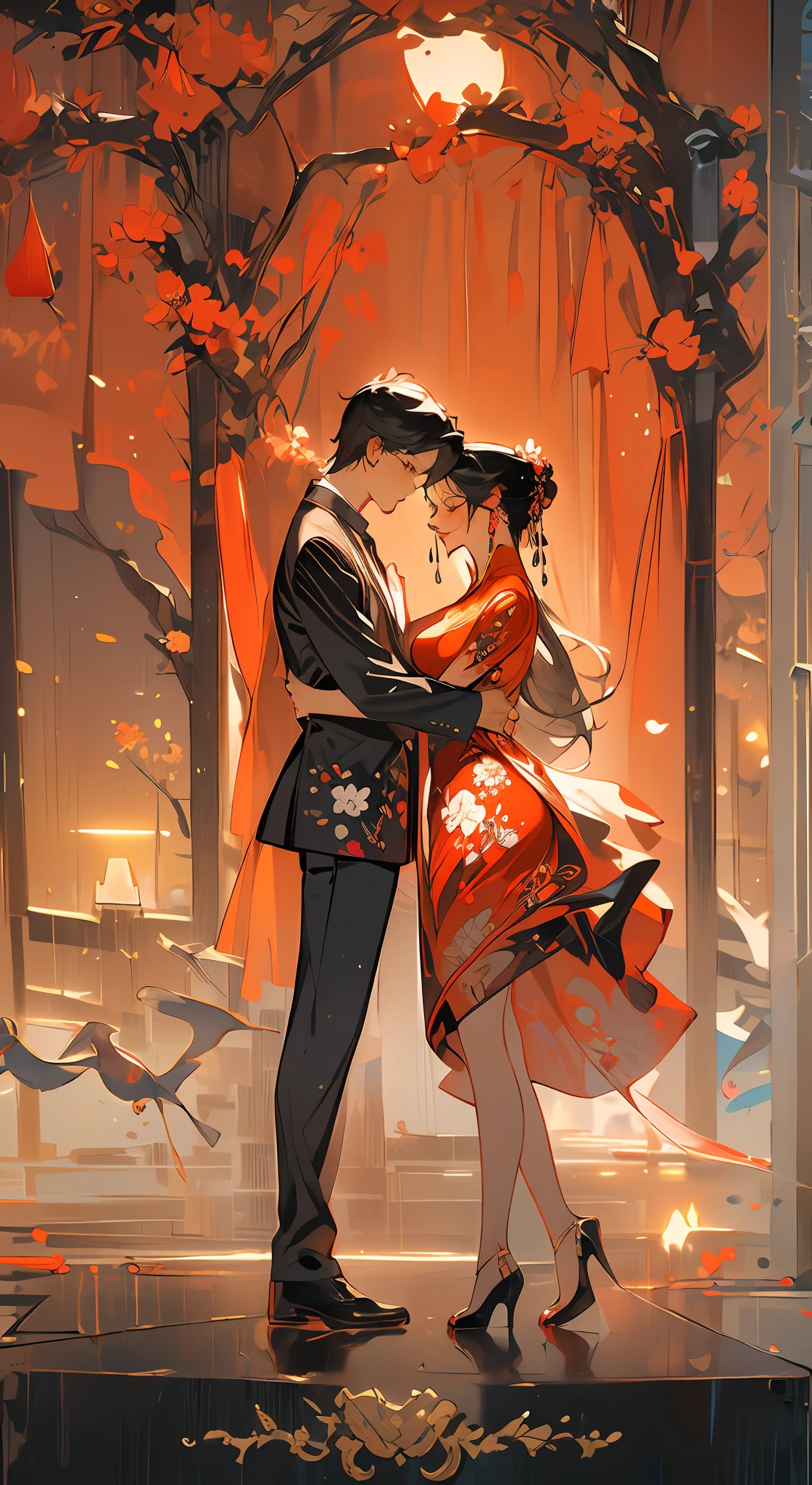 (Super detailed CG unity 8k personality wallpaper，Masterpiece level,Best picture quality),（a young man and a woman），A couple，is dancing，Pleasure，gleeful，Love，love heart，magpie，Chinese costumes，China-style，meticuloso，Super meticulous，hyper HD，Valentine's Day，𝓡𝓸𝓶𝓪𝓷𝓽𝓲𝓬，warm