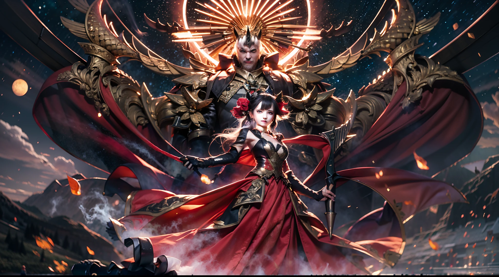 Ultra-grand scenes，This is the image captured by the extra-large wide-angle lens，Under the scene of the collapse of heaven and earth in the picture，The corpse mountains of the Heavenly Immortal Buddha spread out in a sea of blood，The Avenue of the Three Realms was broken，In a boundless darkness of chaos，Two figures stand proudly in it，A graceful fairy face holding a Pangu heaven-opening axe in her left hand and a Pauline lamp in her right is a weaver girl，The other is a cowherd riding a bull wearing a blood-stained and torn black robe。In a pitch-black background，Eclipsed stars scattered，It was as if a scar had been cut through the sky。In front，He rides a huge and dark scalper，It was the scalper reincarnated by the Bull Demon King，The body is filled with anger，The huge horns shone with a grim light，On his head he wears a gold hoop like a crown。Niulang was dressed in a battle robe，Sit on the back of a scalper，His eyes were deep，Incredible power，A gentle glow illuminated his determined expression。Standing side by side with him are the blackened Seven Fairies，Her figure is like a blazing flame in the night，Long black hair fluttering in the wind，With a hint of evil。She holds the Pauline lamp in her left hand，The gentle light of the cowherd illuminates，In his right hand is the Sky Opening Axe，The lines on the blade of the axe reveal the majesty of the past，Her eyes were full of fanaticism and determination。The two are in stark contrast，But they are closely linked by a common goal。And at their feet，A thousand magpie bridges are like a road to the unknown，Stretching out of the void，Connecting one side of darkness and the other side of light。The light on the Magpie Bridge flickered like a river of stars，It was as if it was the last light between heaven and earth。The cowherd and the blackened seven fairies looked at each other and laughed，Their eyes are full of self-evident tacit understanding and emotion。In this moment of destruction and darkness，Their encounter became the o