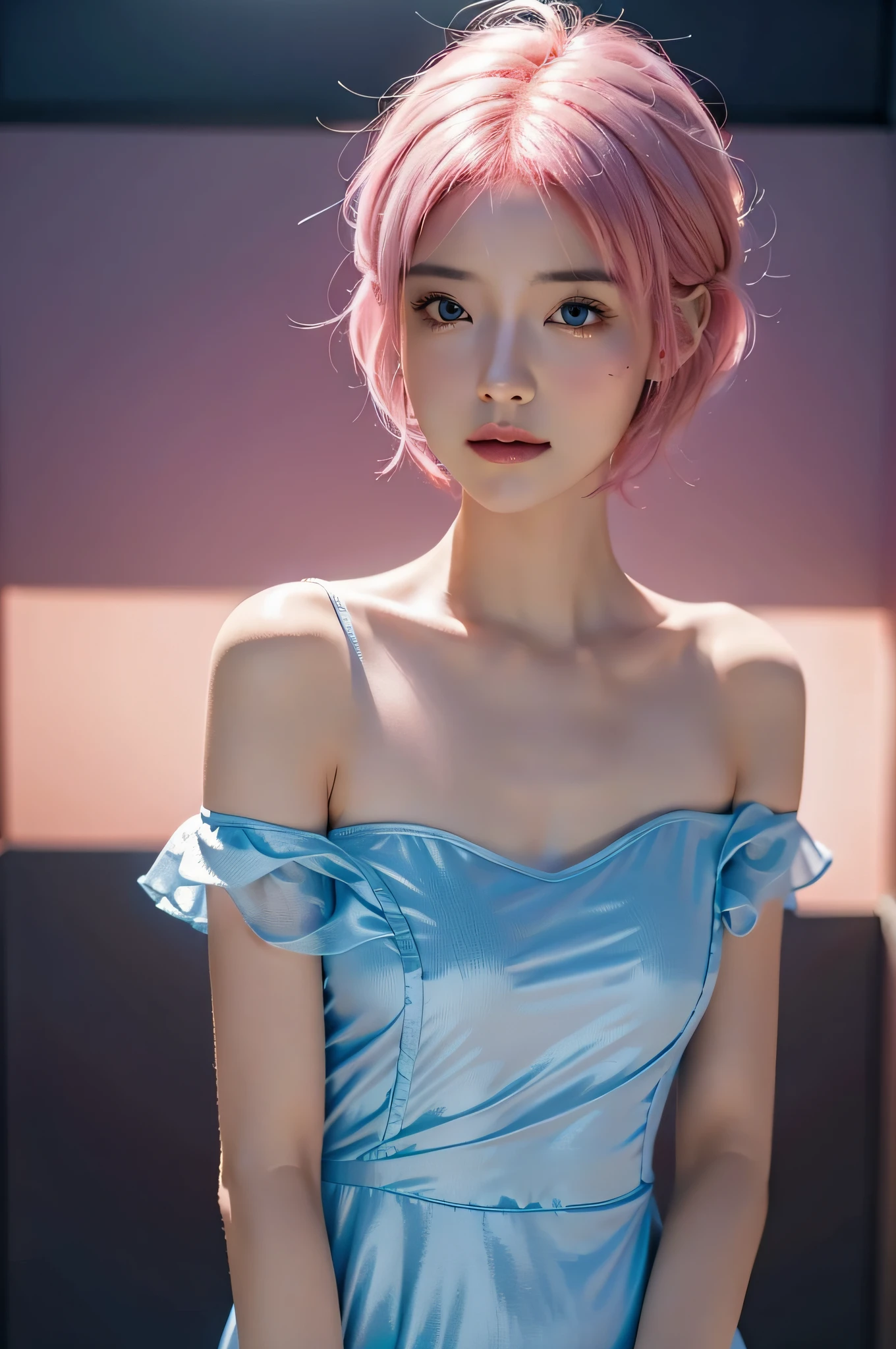 A woman with pink hair and a blue dress posing for a picture - SeaArt AI