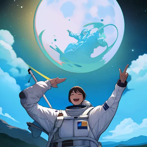 Spacewalk，The astronaut，The eye，happy laughing，Moon，planet earth，Magnificent views