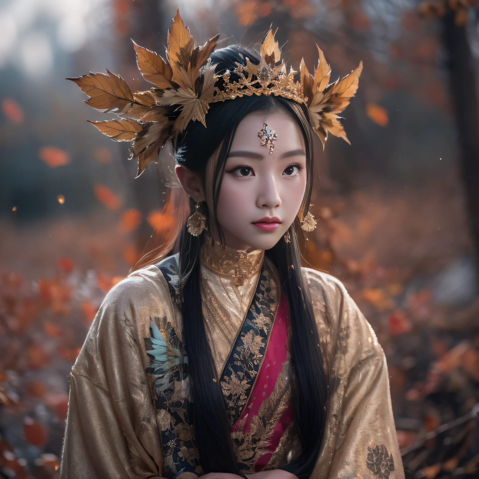 32K（tmasterpiece，k hd，hyper HD，32K）Long flowing black hair，Yellowstone，Tongzhou girl ，Indigo water bottle in arms（realisticlying：1.4），Flame linen robe，Purple-pink tiara，The leaves flutter，The canyon background is pure，Hold your head high，Be proud，The nostrils look at people，Bagua Boxing，Taiji Sword，In martial arts practice，jumpping， A high resolution， the detail，autumnal， RAW photogr， Sharp Re， Nikon D850 Film Stock Photo by Jefferies Lee 4 Kodak Portra 400 Camera F1.6 shots, Rich colors, ultra-realistic vivid textures, Dramatic lighting, Unreal Engine Art Station Trend, cinestir 800，Hold your head high，Be proud，The nostrils look at people