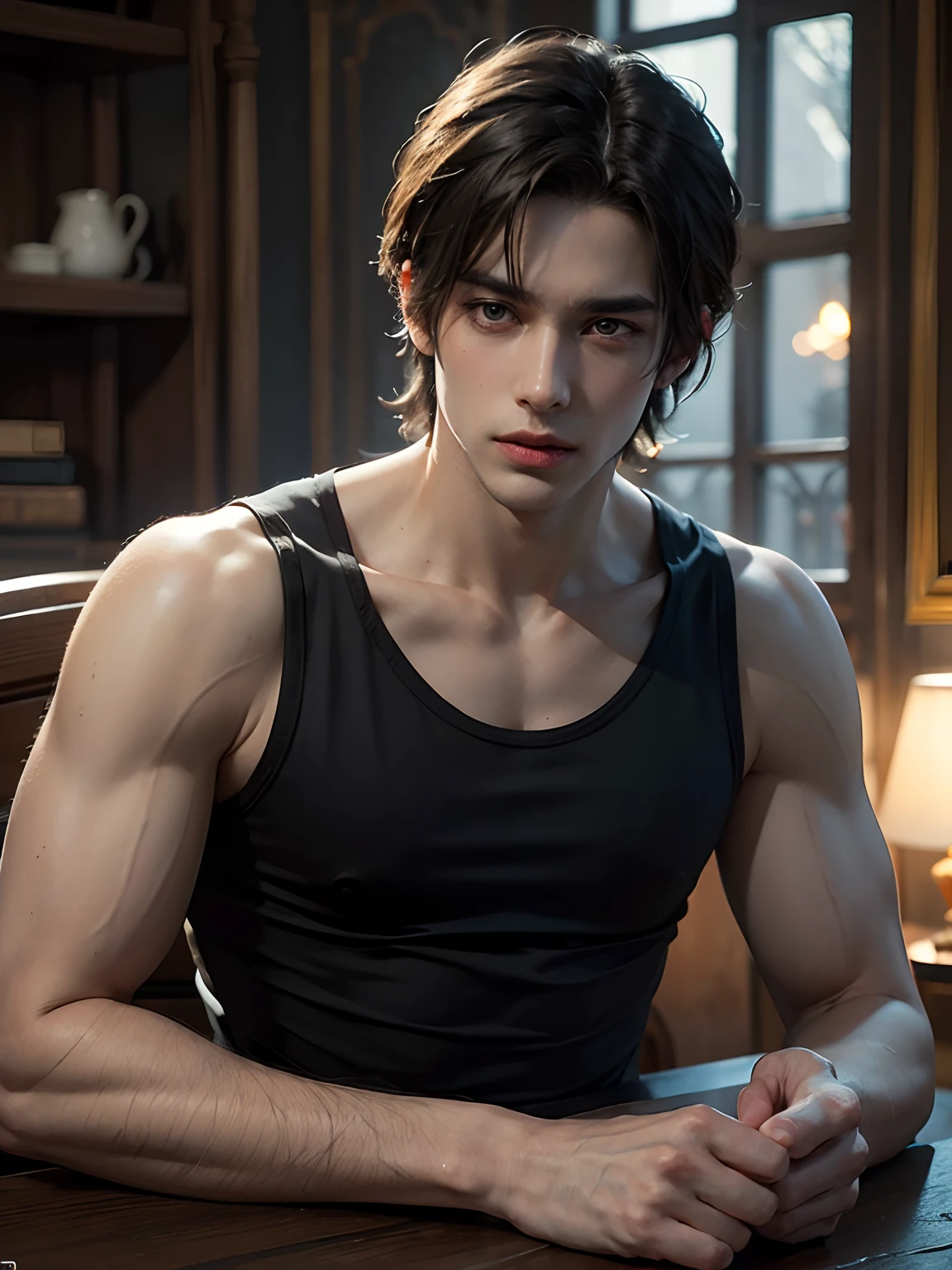 1man, stern and handsome young man, solo focus, adult, young adult face, short black hair, black tank top, at living room, realistic, dynamic pose realistic, detailed and correct facial structure, LEON S. KENNEDY, handsome, attractive, slightly muscular, cinematic lighting, unreal engine, trending on ArtStation, intricate details,  masterpiece, best quality, by Irakli Nadar, Greg Rutkowski，(((best quality))),(((ultra detailed))),(((masterpiece)))