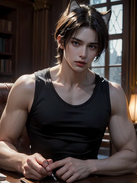 1man, stern and handsome young man with fluffy wolf ears, solo focus, adult, young adult face, short black hair, black tank top, at living room, realistic, dynamic pose realistic, detailed and correct facial structure, LEON S. KENNEDY, handsome, attractive...