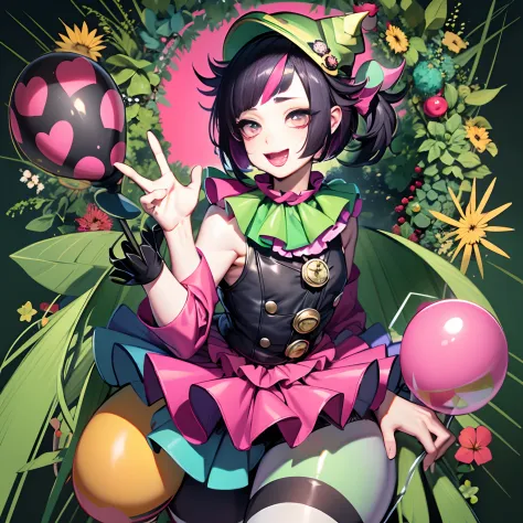 Cute , Handsome clown man with gray eyes, pink and black hair, Lila Vanrouge as a Clown, Black  and Green Jester hat, Massive th...