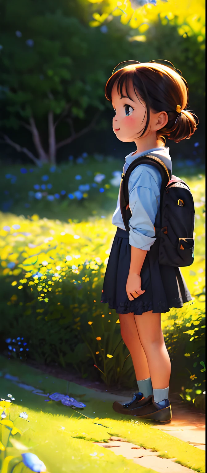 A very charming  with a backpack and her cute little dog enjoying a cute spring excursion surrounded by beautiful yellow flowers and nature. The illustration is a high-definition illustration in 4K resolution with highly detailed facial features and cartoon-style visuals