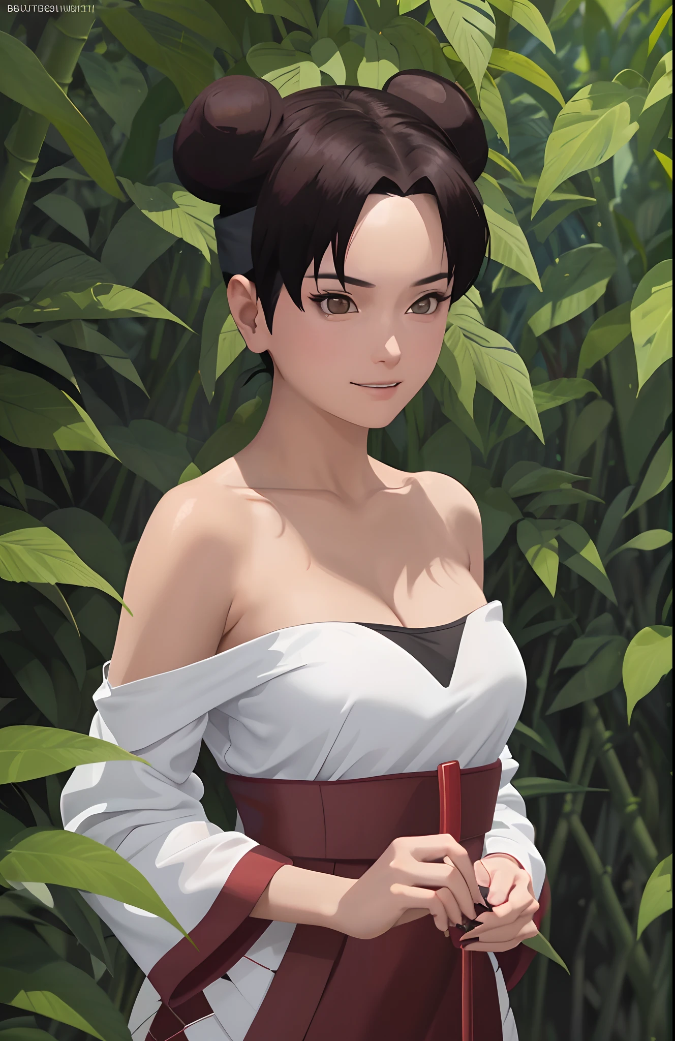 tmasterpiece, best quality, 1girl, butterflys, the night, The upper part of the body,cleavage，White clothes，bamboo forrest，ninjartist，Off-the-shoulder attire，looks into camera，Be red in the face，ssmile，largeeyes，Close-up