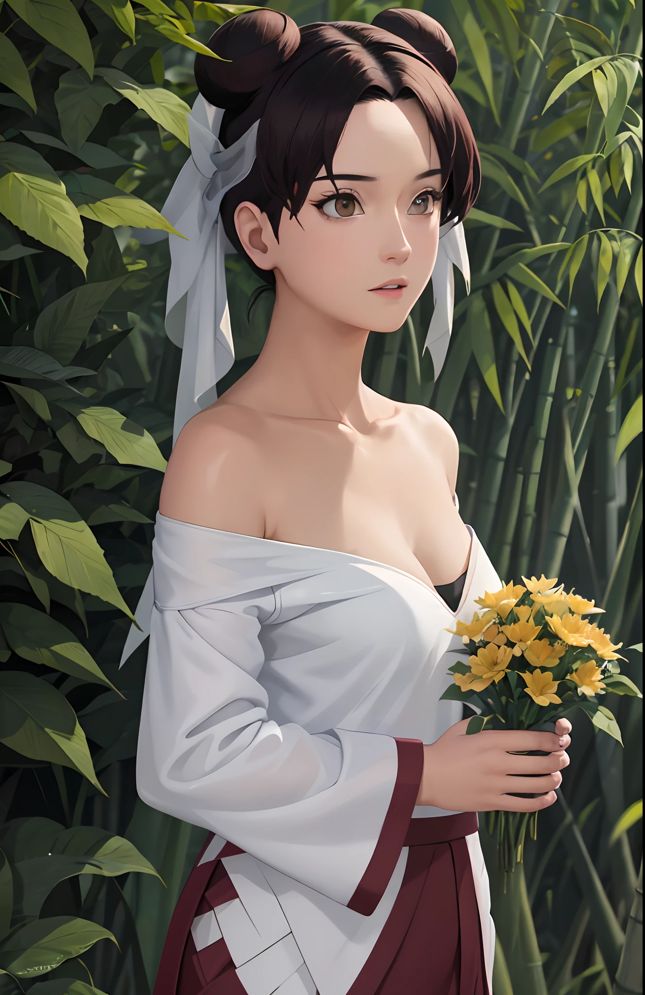 tmasterpiece, best quality, 1girl, butterflys, the night, The upper part of the body,cleavage，White clothes，bamboo forrest，ninjartist，Off-the-shoulder attire