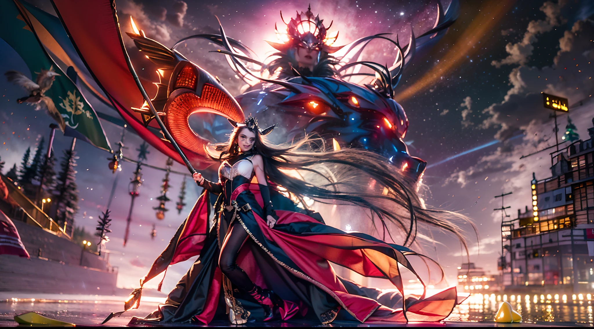 In this super grand scene，The wide-angle lens captures a striking picture。Heaven and earth collapsed，The corpse mountains of the Heavenly Immortal Buddha spread out in a sea of blood，The Avenue of the Three Realms was broken，And in the boundless chaotic darkness，Two figures stand in it。Above all，The figure of the weaver girl is graceful，While standing in this darkness，Like a blazing flame in the night，Like the goddess of darkness in a fairyland，Her presence exudes a majestic and majestic evil aura。She holds the Pauline lamp in her left hand，A gentle light illuminates the cowherd，The right hand holds the heaven-opening axe，The lines on the blade of the axe reveal ancient authority。There was fanaticism and determination in her eyes，As if a warrior in the dark，Do whatever it takes for some kind of goal。Her gaze reveals firmness and depth，As if it were an existence with endless wisdom。And beside her，Niu Lang is dressed in a black robe，Mounted on a scalper reincarnated by the Bull Demon King。This scalper is huge，Carrying heavy history and strength。Its horns shone with a grim glow，It symbolizes an unshakable and firm will。The cowherd sits on the back of the scalper，His gaze is deep and powerful，As if it can penetrate the darkness，Find the light of hope。His battle robe fluttered in the wind，Reveals his bravery and determination。In front of it all，A thousand-square-foot high Magpie Bridge spans the void，Connecting darkness and light。The Magpie Bridge emits a starry river，Like the last light between heaven and earth，A glimmer of hope for a world shrouded in destruction and darkness。The cowherd and the blackened seven fairies looked at each other and laughed，The eyes are full of tacit understanding and emotion，They seem destined to face this crisis together。The composition of the whole picture cleverly shows that the Magpie Bridge is erected above the corpse mountain and the sea of blood，With fairy corpses、The sea of golden blood is intertwined，The result is a grand visual ef