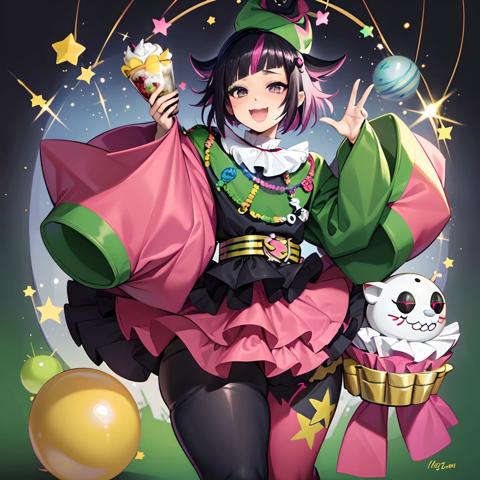 Cute , Handsome clown ((man)) with gray eyes, pink and black hair, Lila Vanrouge as a Clown, Black  and Green Jester hat, Massive thighs, Huge ass, High Aesthetic, masterpiece, High quality ,solo,((clown))，clowncore, ((clown makeup)),Anime