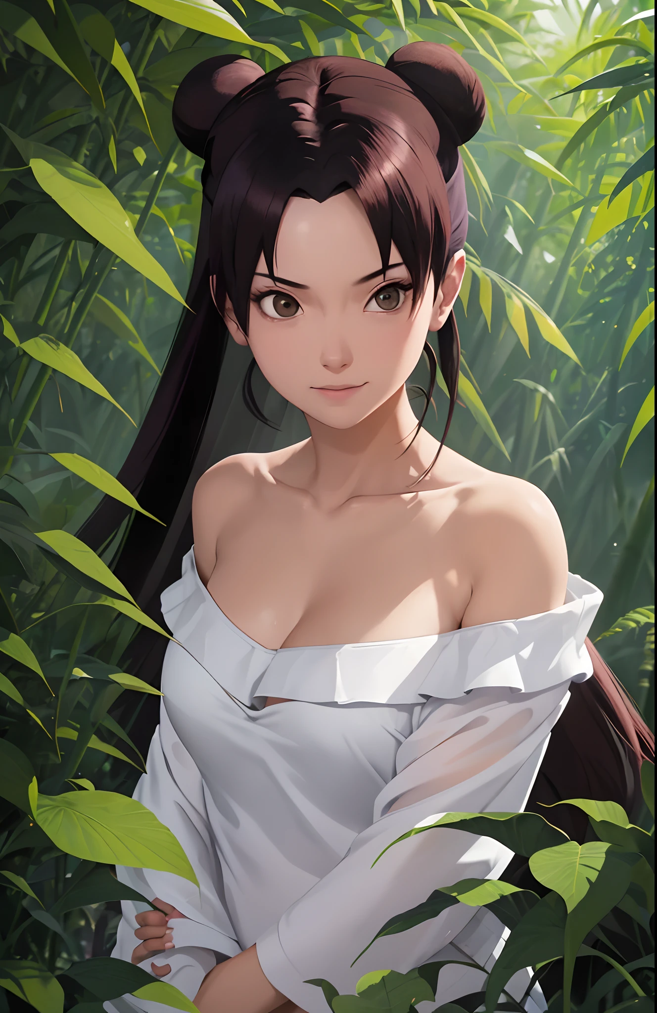 tmasterpiece, best quality, 1girl, butterflys, the night, The upper part of the body,cleavage，White clothes，bamboo forrest，ninjartist，Off-the-shoulder attire，looks into camera，Be red in the face，ssmile，largeeyes，Close-up