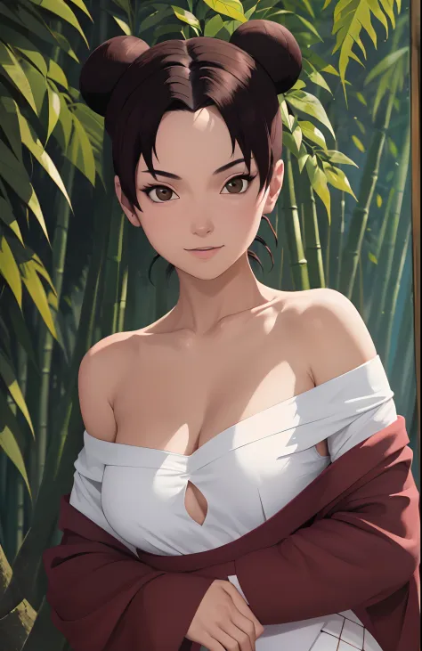 tmasterpiece, best quality, 1girl, butterflys, the night, The upper part of the body,cleavage，White clothes，bamboo forrest，ninjartist，Off-the-shoulder attire，looks into camera，Be red in the face，ssmile，largeeyes，Close-up