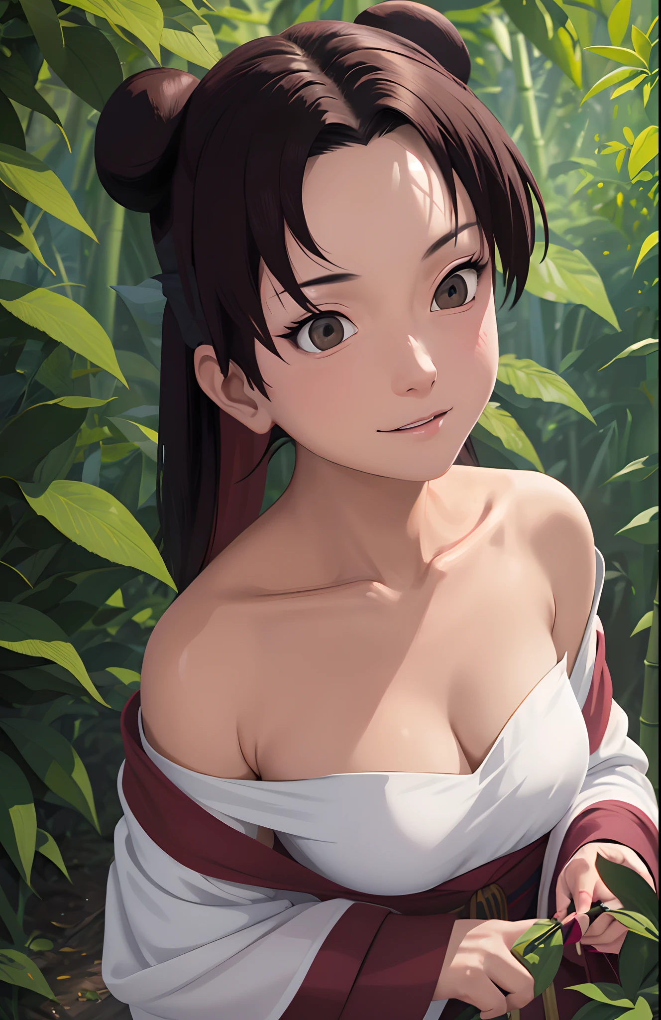 tmasterpiece, best quality, 1girl, butterflys, the night, The upper part of the body,cleavage，White clothes，bamboo forrest，ninjartist，Off-the-shoulder attire，looks into camera，Be red in the face，ssmile，largeeyes，Close-up