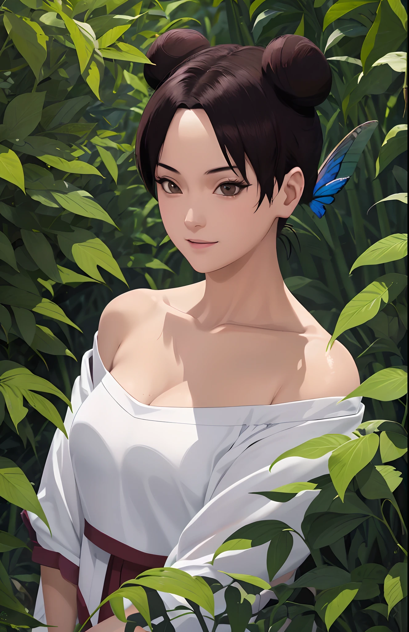 tmasterpiece, best quality, 1girl, butterflys, the night, The upper part of the body,cleavage，White clothes，bamboo forrest，ninjartist，Off-the-shoulder attire，looks into camera，Be red in the face，ssmile，largeeyes，Close-up