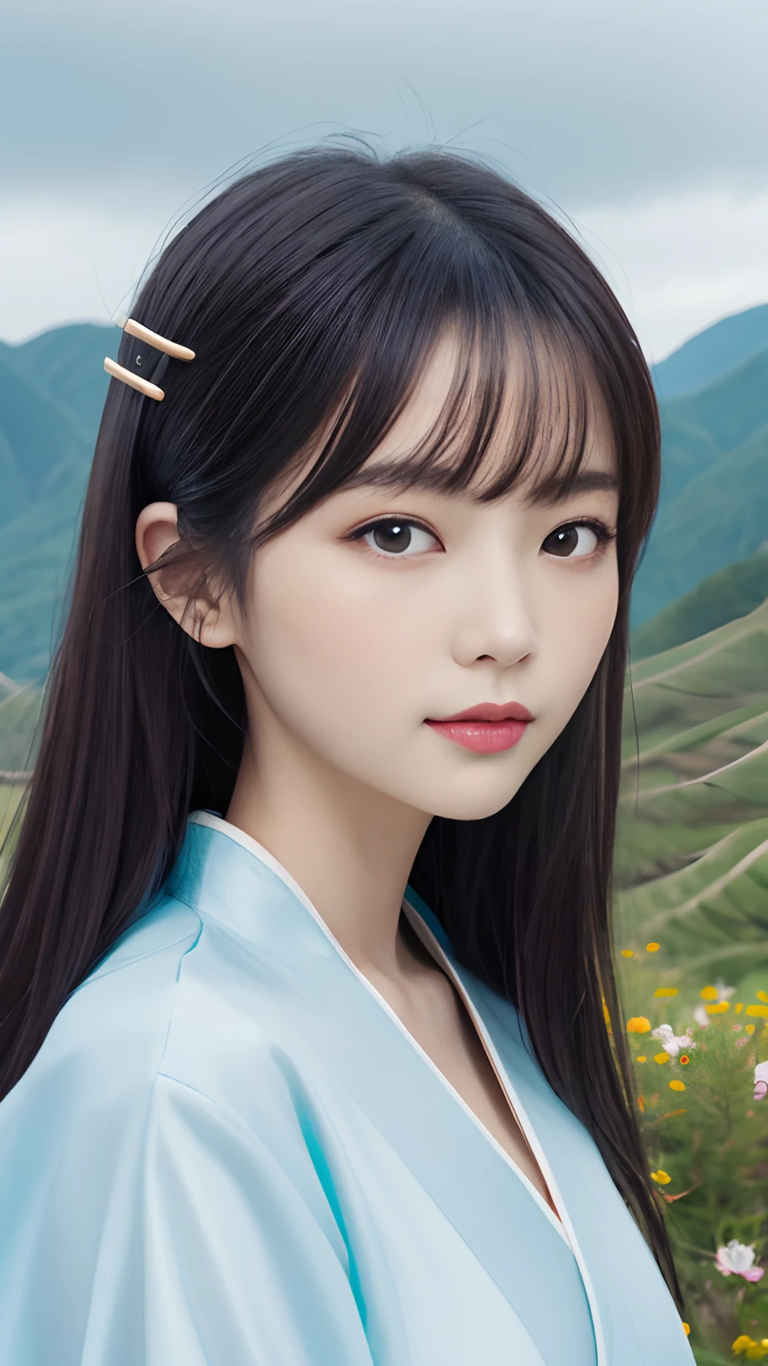 (Chinese landscape), (Zen, Emisore style), 1 girl, upper body portrait close-up, hazy beauty, extremely beautiful facial features, blue Hanfu, hairpins on the head, (spring, rainy days, terraces, mountains), simple vector art, contemporary Chinese art, color gradient, pastel color palette, layered form, whimsical picture