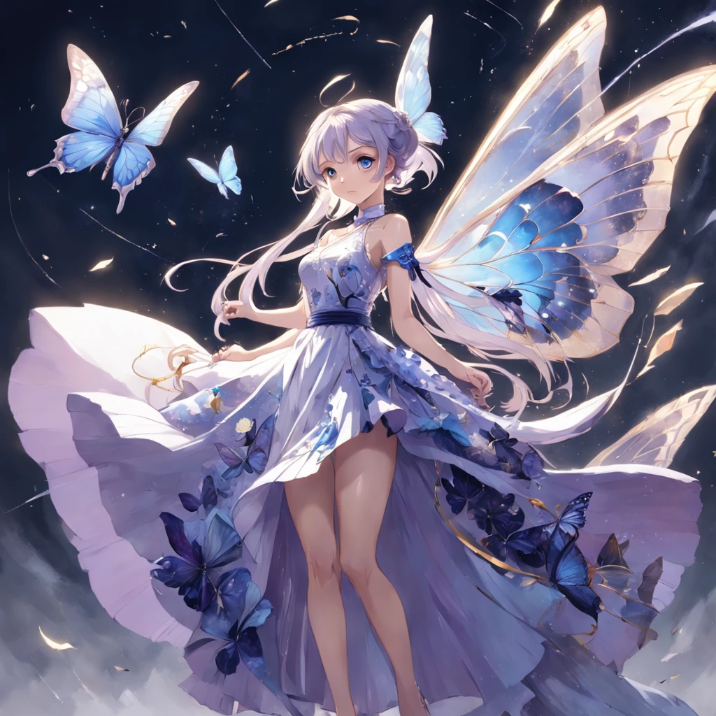 Аниме девушка с крыльями бабочки и платьем в небе - SeaArt AI