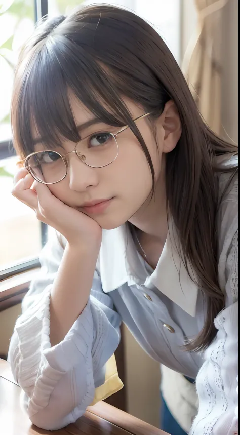 Raw photography、Beautiful Japan woman working at home, 20yr old, Eyeglasses, Dining table、during daytime、A smile、Detailed face, Perfect body ratio, Detailed finger, houseplant, (((photos realistic))), masutepiece, Lace curtains swaying in the wind、simple r...