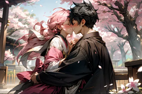 Tanabata，A boy and a girl，couple，Look at each other and laugh，Kissing the tip of the nose，ssmile，under a sakura tree，petals，Skysky，school ground，Romantic atmosphere，love heart，Sweet，Photographic lenses，Close-up of the shot，depth of fields，Best quality