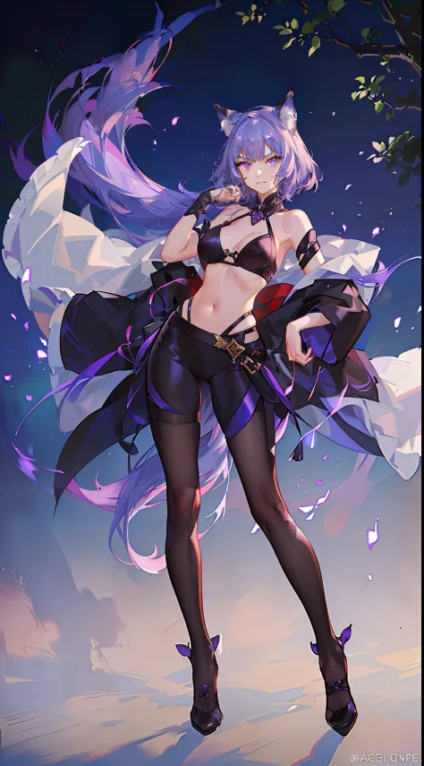 Adult woman, short purple hair with white strands, Fox ears, violet eyes, Chinese Battle Dress, neckline on the chest, open belly, tight pants, Fox tails, angry, Masterpiece, hiquality