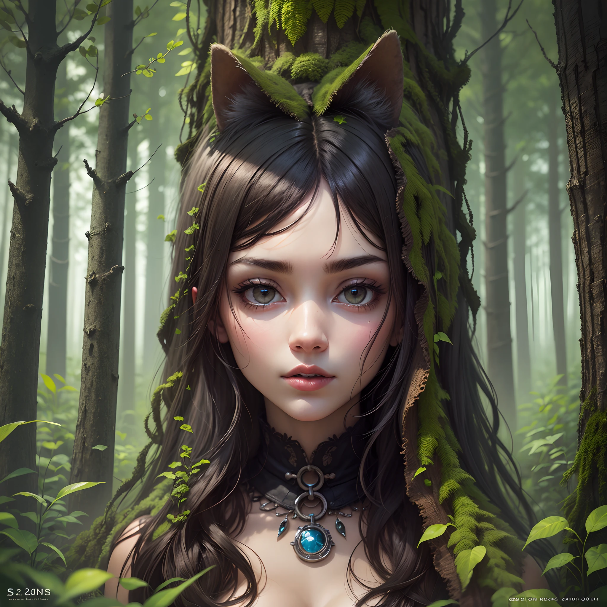 A woman with a cat ear and a necklace in the woods - SeaArt AI