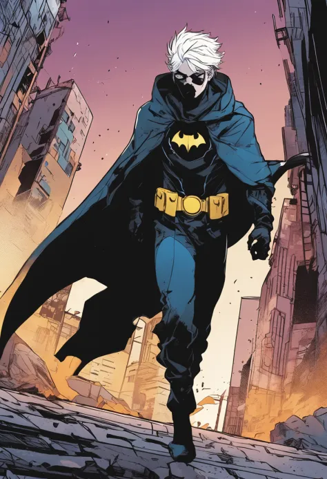 a 15-year-old man with blue hair and black eyes, wears a black superhero outfit similar to a spy uniform with a tattered yellow cape, an aura of shadows appears behind him, his back on top of a building and is watching a city in ruins, anime, novel cover