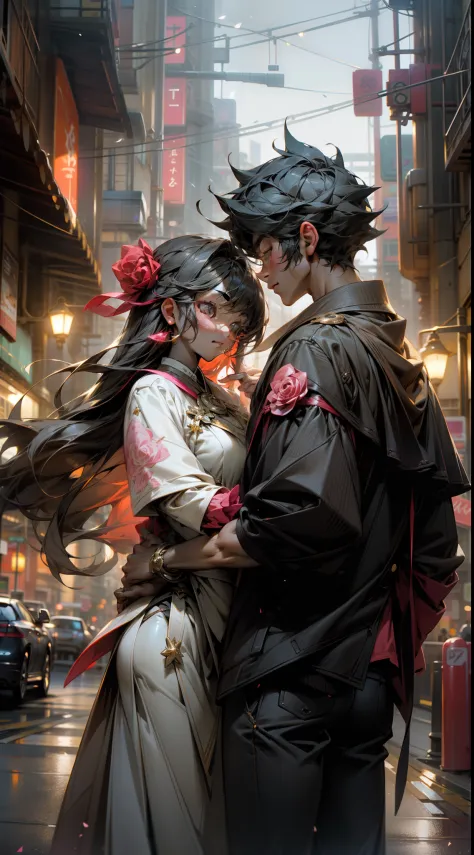 Romantic Tanabata，modern urban，peaceful night，The stars shine，Couples strolling hand in hand，Red rose，Bustling street，neon streetlights，Boys and girls clasp their fingers，Natural light，plethora of colors，Rich in elements，Cowboy shot shot，Facial features ar...