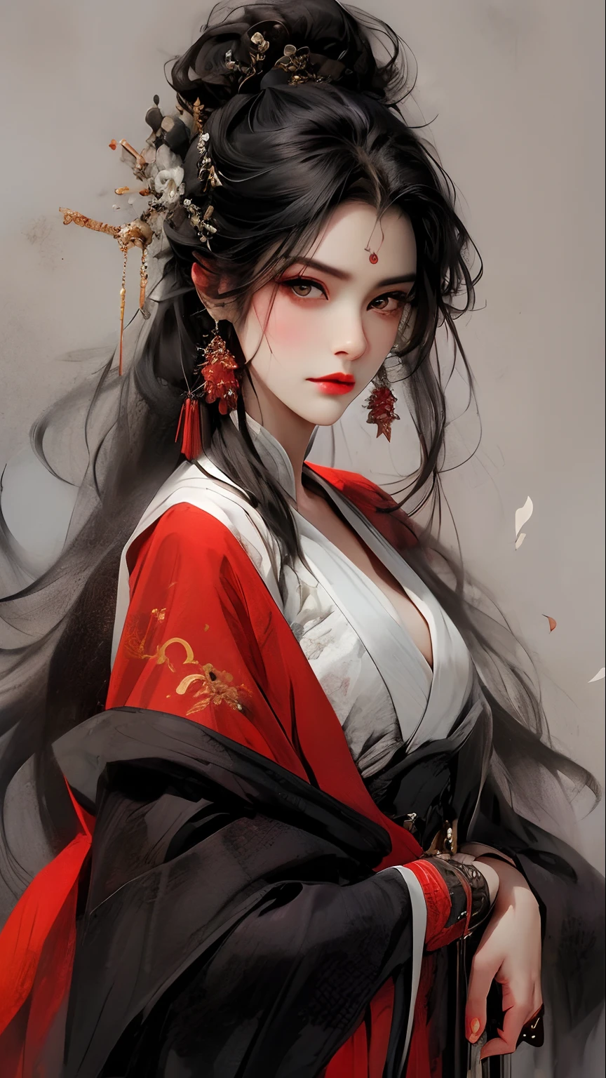 a black-haired，Bust of a woman with black eyes，woman，The expression is serious，Weapon in hand，dynamic compositions，low head，Hanfu，largeeyes，Bright eyes，Loose hair，（Ink blending ）Belle peinture de personnage，Clothing red clothes ink style，The face is detailed and colorful，aquarelle，Pale，Martial arts style，National style，A delicate and beautiful face，Waist seal，ssmile，Beautiful