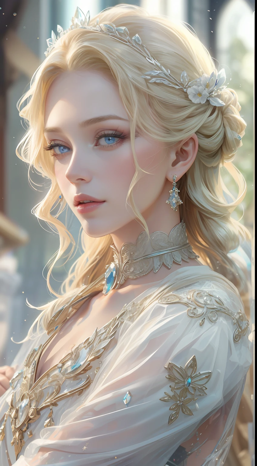 杰作，最高分辨率，美丽皇家女士的动态半身像，金色辫子头发，蓝色清澈的眼睛，头发上布满了美丽精致的花卉工艺, 水晶珠宝花丝，极其详细的细节，升级版。