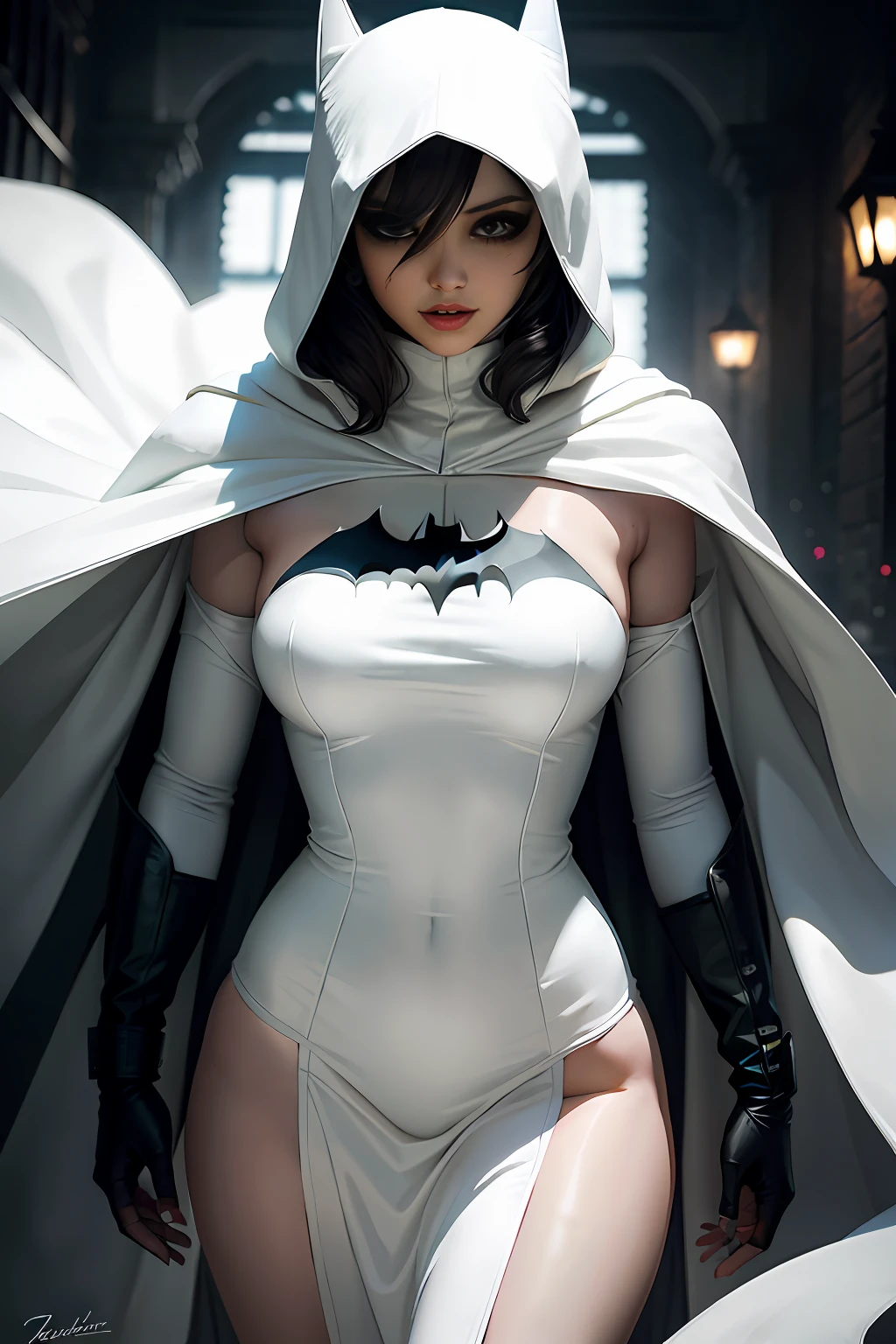 Batman cosplay white costume and cape, anigirl batman, Ross Tran 8 K, wojtek fus, Range Murata and Artgerm, artgerm moody photography, alena aenami and artgerm, female moon knight, Wearing a shabby white cloak, IG model | Art germ, artgerm julie bell beeple