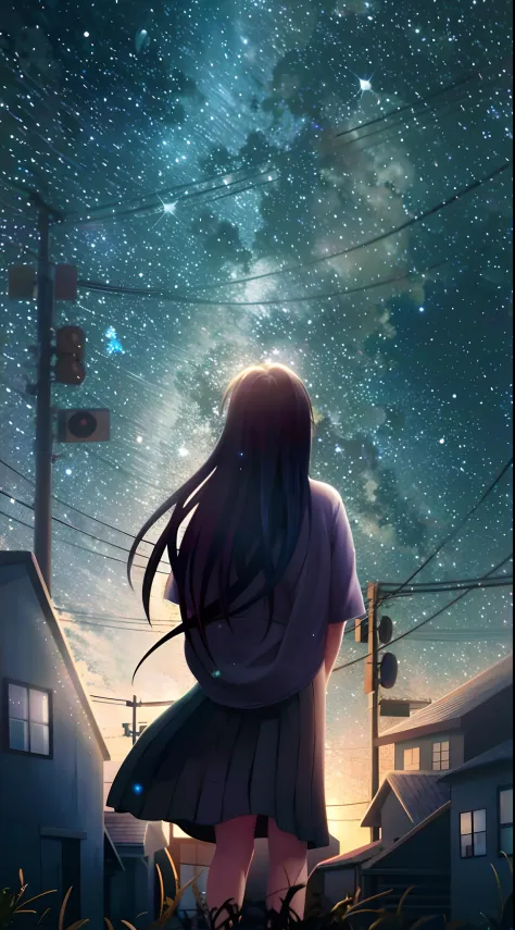 Anime girl looking at the stars in the sky, girl looks at the space, Makoto Shinkai Cyril Rolando, watching the stars, 4k manga ...