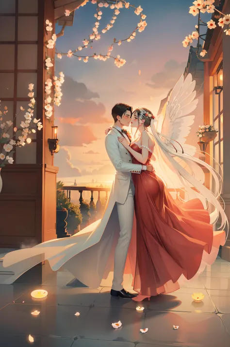 tmasterpiece，centered composition，high-class details，romantic couple, Dancing, Wind, Flowing hair, (embrace:1.2), Sunset, Beauti...