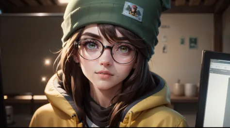 focused upper body, 1girl, green beanie hat, wearing glasses, yellow hoodie, sparkling eyes, short brown hair, computer backgrou...