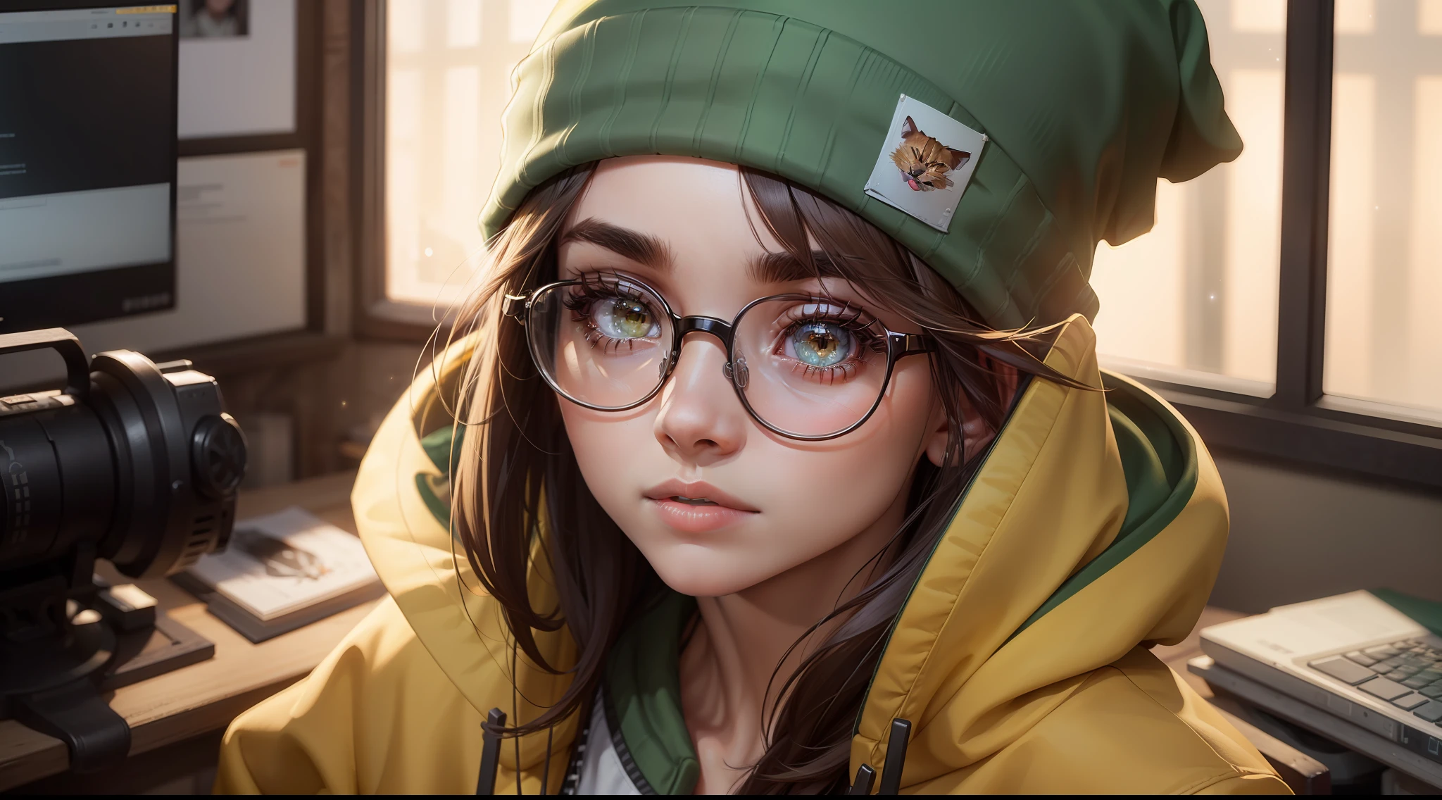 focused upper body, 1girl, green beanie hat, wearing glasses, yellow hoodie, sparkling eyes, short brown hair, computer background, intricate detail, 8k resolution, masterpiece, 8k resolution photorealistic masterpiece, professional photography, natural lighting, detailed texture,