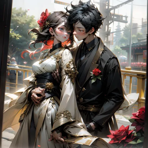 Romantic Tanabata，modern urban，Couples strolling hand in hand，Red rose，Boys and girls clasp their fingers，Natural light，plethora of colors，Rich in elements，Facial features are super detailed，upper body photos，Ultra-high sharpness、k hd、8K、