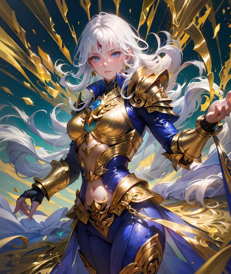 Ultra-high saturation，（tmasterpiece）， fully body photo，（best qualtiy）， （1girll）， starryskybackground，Wearing shiny gold armor， Sexy lingerie type armor，Expose your chest，Expose the waistline，Exposing thighs，cool-pose， Saint Seiya Armor， messy  hair，high de...