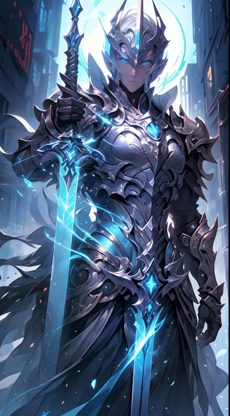 "An awesome paladin wields a sword full of light, Exudes powerful light magic. The setting is set in a dark and mysterious cityscape, Illuminated by the light of the Paladin's Sword. The composition is professionally crafted, Amazing attention to detail an...